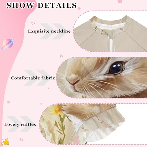 Flowers Rabbit Oil Painting Girls Long Sleeve Swimsuit Rash Guard One Piece Bathing Suits Zipper 3-12T4