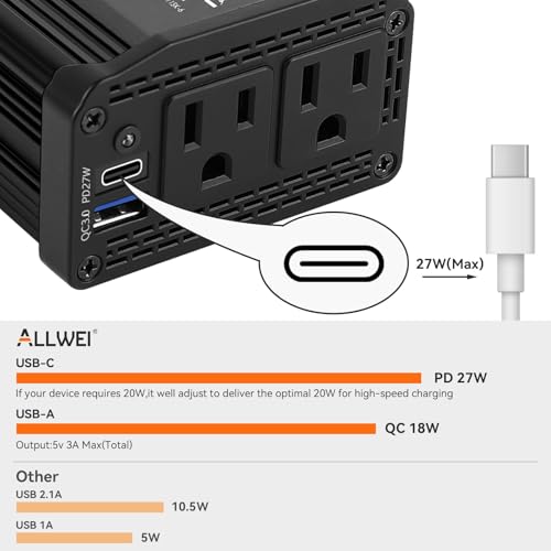 Image of ALLWEI 300W Power Inverter 12V DC to 110V AC Car Plug Adapter Outlet Converter with 27W PD USB-C &18W USB-A Fast Charger, Car Cigarette Lighter Adapter for Laptop Tablets Phones-Black