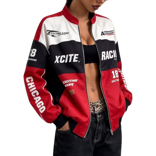 ISUHAZBO Womens Race Car Driver Jacket Vintage Zip Up Coat Y2K Bomber Jackets Racing Jacket Streetwear