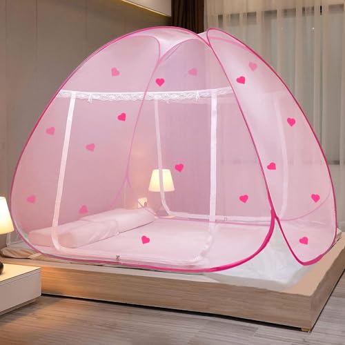 Image of Evafly Mosquito Net for Double Bed | Heart Design (Limited Edition) | King Size Foldable Machardani | Polyester 30GSM Durable Net | PVC Coated Corrosion-Resistant Steel Wire - Full Pink