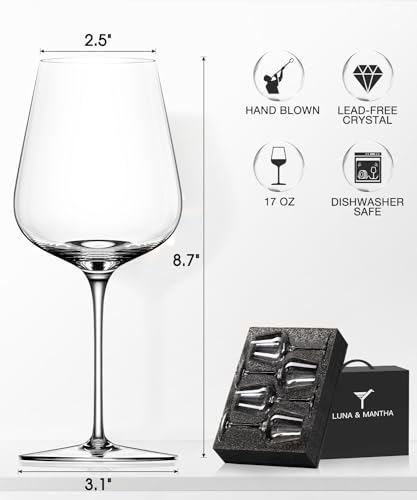 Image of LUNA & MANTHA Red Wine Glasses Set of 4, Crystal Wine Glasses with Stem, Hand Blown 17oz, Perfect for Red White Gift Packaging for Daily Use, Father's Day, Wedding, Birthday