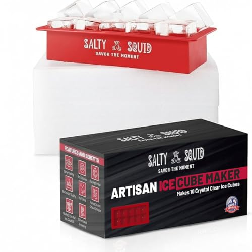Salty Squid Clear Craft Ice Cube Maker – Square Ice Cube Mold makes 10 Large 2" Crystal Clear Ice Cubes for Whiskey, Cocktails – Slow Melting, Easy Release, Large Ice Cube Tray