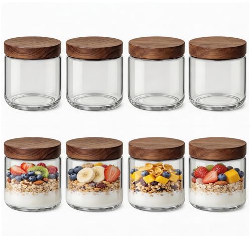 Image of 10oz 8 Pack Glass Mason Jars Overnight Oats Containers with Acacia Wood Lid | Airtight Small Glass Jars Jars with Screw on Top Wide Mouth Food Storage Jar for Dessert, Nut, Candy, Vitamin, Gift Making