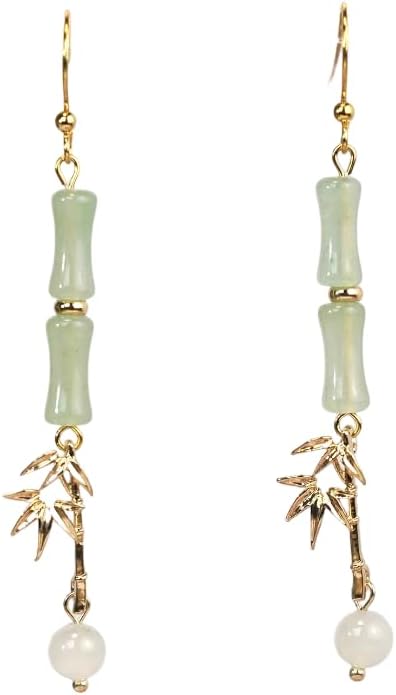 RainDesigns Handmade Natural Jade Bamboo Leaf Dangle Earrings Plant Leaf Fun 14K Gold Plated Jewerly Gift for Women Girl