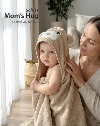Image of MINIBOO Hooded Baby Towels for Newborn - Super Soft Baby Bath Towels with Hood, Highly Absorbent Viscose Made from Bamboo Hooded Towel for Infant, Toddler and Kids, Baby Essentials