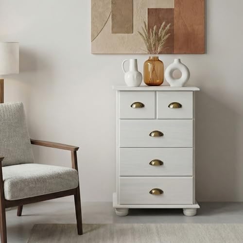 IDIMEX Commode Chambre Colmar L 49 cm en Bois Massif Blanc avec 4 tiroirs, Meuble de Rangement Adulte lasuré avec poignées Coquille en métal Style Maison de...