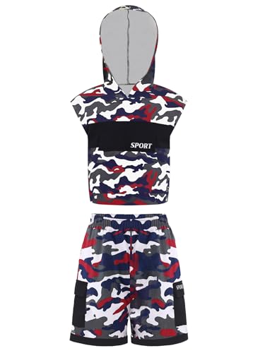 TiaoBug Kids Boys Sleeveless Camouflage Hoodie and Shorts Set for Dance Sports Gymnastics3