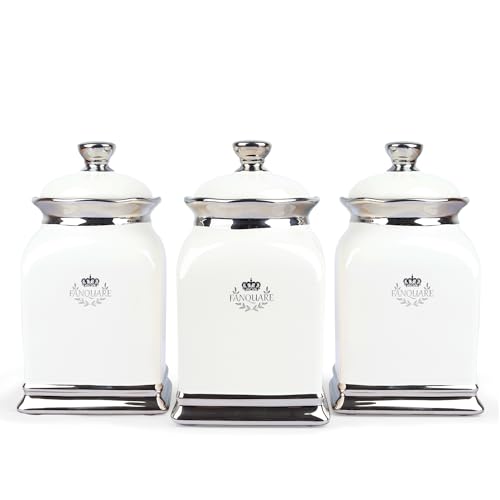 fanquare 3 Pièces Boîtes à Thé Café Sucre en Céramique, Bocaux de Stockage Blancs avec Couvercles, Boîtes de Stockage Alimentaire pour la Maison Cuisine...