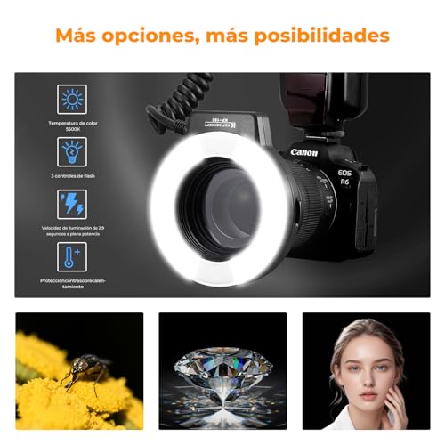 Ficha técnica Flash Macro Canon K&F Concept Flash Anular Anillo para Canon Compatible con E-TTL Inalámbrica Pantalla LCD y 6 Anillos de Adaptadores 52MM 55MM 58MM 62MM 67MM 77MM para Cámara DSLR Canon - Fernando Cortés