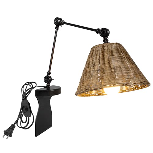 Kiven Headboard Reading Light, Dimmable No Drilling Reading Lamp, Farmhouse Rattan Nightstand Lamp with Adjustable Swing Arm, 8.2ft Cord for Reading Bedside Side Table Desk DZ0511