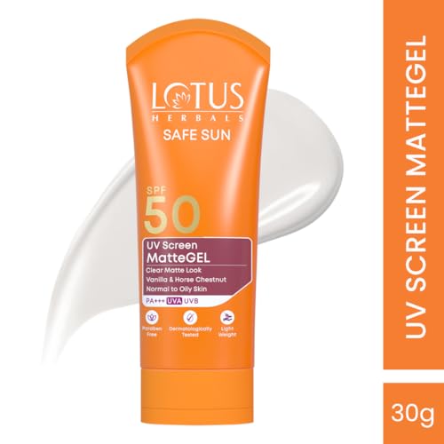Image of Lotus Herbals Safe Sun UV Screen Matte Gel Sunscreen SPF 50 PA+++ | In Vivo Tested | Broad Spectrum UV Protection | Matte Finish | No White Cast | Normal to Oily Skin | For Women and Men | Paraben & Cruelty Free | 30g