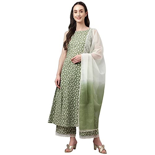 Image of FIORRA Women's Ferm Green Pure Cotton Flared Kurta, Palazzo & Dupatta
