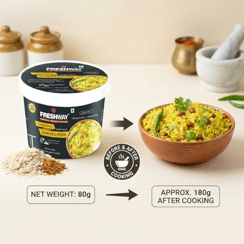 Image of Freshway Jain Veg Poha Quick & Easy Ready to Eat Healthy Snack | 100% Jain No Onion No Garlic No Preservatives | Nutritious & Delicious Breakfast or Anytime Meal | Made with Real Veggies | Lightweight Travel Friendly Ideal for Office Hostel & Travel | Pack of 6