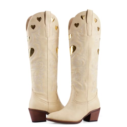POYOIOR Beige Cowgirl Western Boots for Women Heart Pattern Classic Embroidered Vintage Tall Booties Round Toe Chunky Stacked Heel Cowboy Boot Pull on 2025 Fall Winter Size 6 by POYOIOR - Used condition - Image 7
