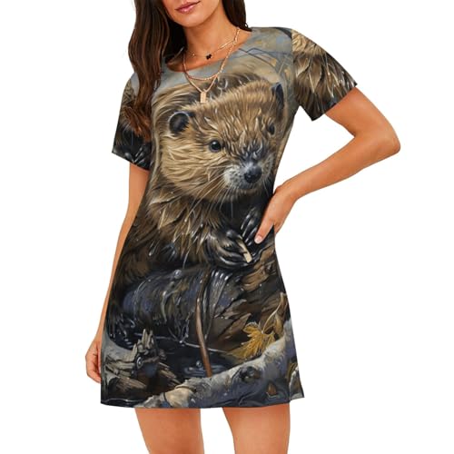 Chemise de nuit femme manches courtes respirante vêtement de nuit castor léger