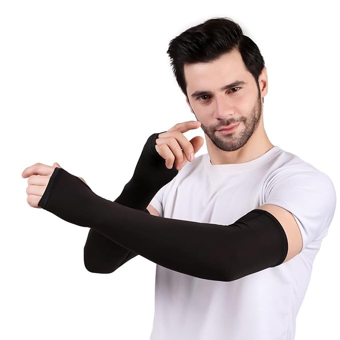 AKSHINE, Arm Sleeves for Men & Women UV Protection Hand Sleeve with Thumb for Boys & Girls Sun Protection Cover for Running, Bike Riding, Cricket - Nylon - Black - 1 Pair-image-39