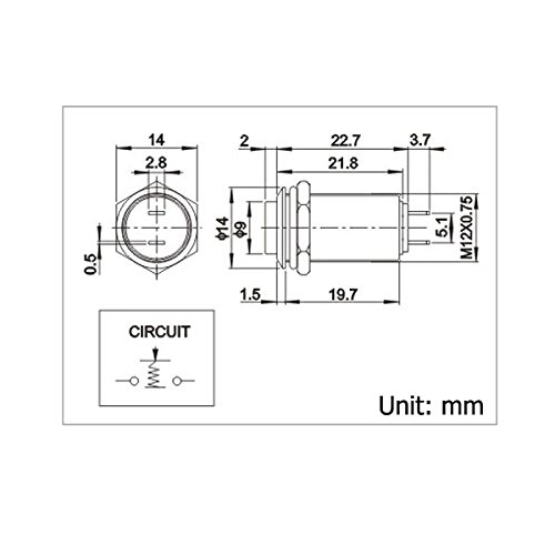 Miniatura 7 de Interruptor de botón con cierre, URTONE UR129, 1NO ONOFF CCAC 36V 2A, carcasa de metal de aleación de aluminio adecuada para orificio de montaje de
