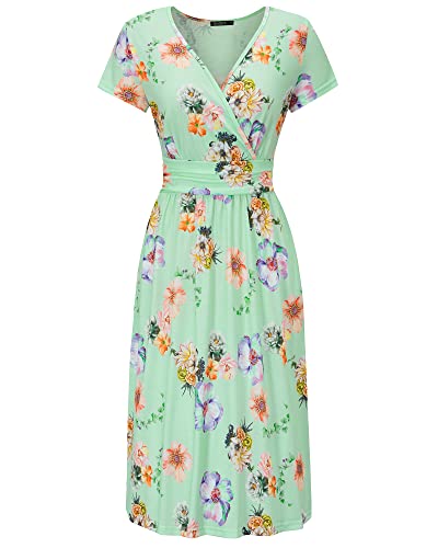 Image of OUGES Casual Summer Dress for Women Wrap V Neck A Line Midi Dresses with Pockets