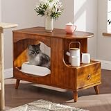 Farmhouse Cat Litter Box Enclosure End Table with Drawer and Open Space, Wood Beside Table, Hidden Litter Box Furniture,15.7" x 31.5" x 23.2" for Living Room, Hallway, Walnut Brown MGBJ-A1359-MG