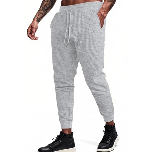 Men's Waffle Pants Casual Elastic Waist Outdoor Running Athletic Trousers Solid Color Straight Legs Pockets Sweatpants