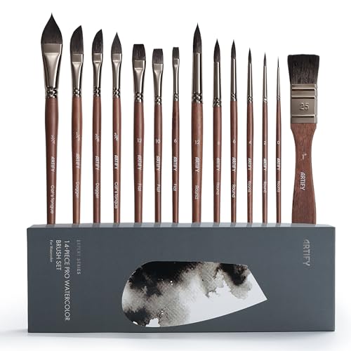 Artify Watercolor Brushes Professional 14pcs Mixed Squirrel Hair Watercolor Paint Brush Set - Balanced Spring & Watercolor Absorption & Paint Release Round/Flat/Filbert/Angled/Liner Tips
