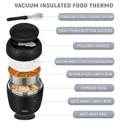 Image of Thermo Food Jar for Hot Food Adults 32OZ Soup Thermo Lunch Containers Wide Mouth Vacuum Insulated Stainless Steel Leakproof Bento Box with Spoon (NEW-BLACK)