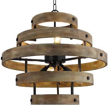 6 luces x 22 pulgadas de ancho de metal circular de madera vértigo geométrica lámpara industrial granja linterna colgante vestíbulo lámpara colgante