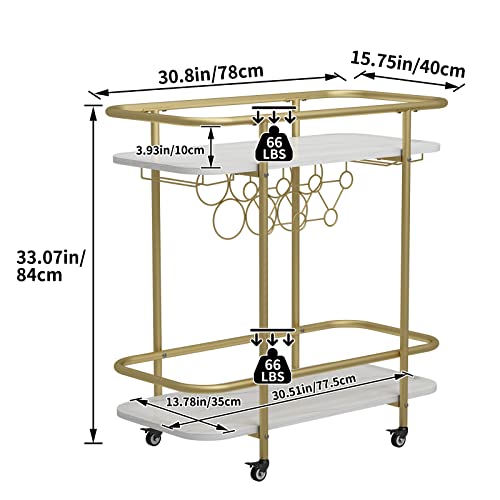 Benoss 2-Tier Gold Bar Cart On Wheels, 33'' H Mobile Serving Wine Cart With Glass Holder And Wine Rack, Modern Rolling Drink Trolley For Coffee Tea Wine, Beverage Bar Cart For The Home Kitchen Party #TOP3