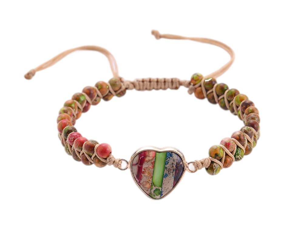 Women Boho Wrap Bracelet,Handmade Natural Stone Crystal Emperor Beads Heart Bracelet, Fashion Bohemian Jewelry Gift for Women