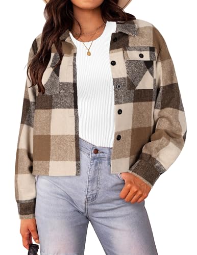 HOTOUCH Womens Flannels Fall Cropped Shacket Plaid Jacket Long Sleeve Button Down Coat 2025 Fall Fashion Trendy Outfits