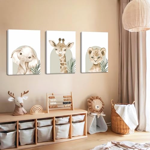 Nursery Wall Decor Set of 3, Cute Animal Lion Elephant Baby Pictures Poster Prints, Giraffe Jungle Canvas Wall Art Woodland Nursery Decor for Boys Girls Room Decoration 12x16 inch Framed by BGFCE - Used condition - Image 7