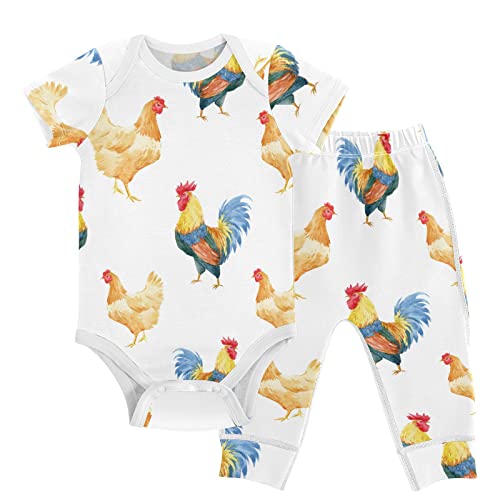 vvfelixl Baby Bodysuits Pants Sets Chickens Rooster Short Sleeve Baby Clothes For Boys Girls 0-3 Months White
