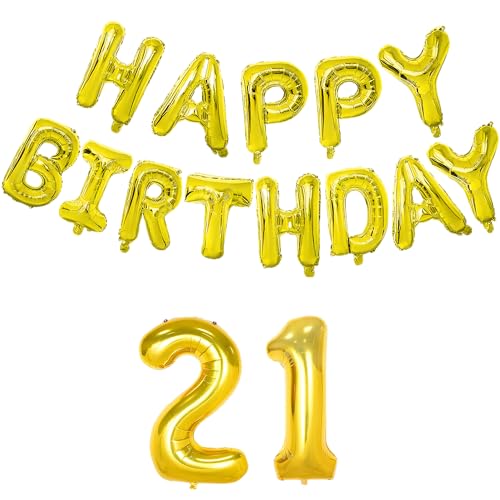 Image of Flyloons 21st Golden Happy Birthday Foil Balloon Banner Set for 21 Year Old Boys Girls | with Number Twenty-one| 13 Letters Reusable Happy Birthday Metallic Foil Balloon Decoration Kit,15 piece