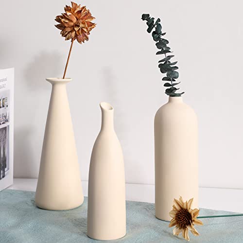 Ceramic Vase Set Of 3, Small Flower Vases For Modern Farmhouse Rustic Home Décor, Living Room Decor, Bookshelf, Dinning Table, Mantel , Entryway Decoration Centerpiece - Beige #TOP4