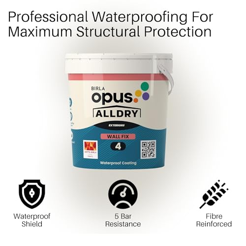 Image of Birla Opus Alldry Wall Fix 4 Waterproof Coating (10L, White)-5 Bar Hydrostatic Pressure Resistance-5 Year Warranty Basecoat-Vertical Outside Walls, Parapet, Sunshades-Acrylic Fibre Reinforced
