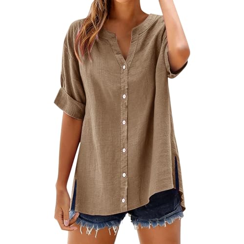 Linen Button Down Shirts Women Plus Size 3/4 Sleeve Linen Blouses 2026 Summer Casual Loose Comfy Cotton Gauze Tops Oversized Peasant Tunic Camp Clothes Spring Break Outfits Khaki 3X-Large