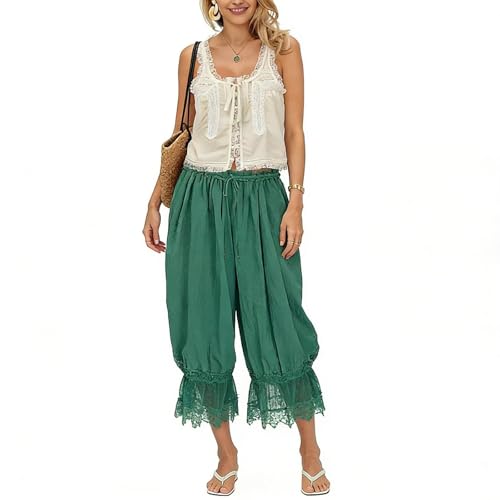 Image of KOSUSANILL Women Long Bloomer Pants Lace Trim Ruffle Pantaloons Cropped Lounge Pajama Bottoms Y2K Capri Pettipants