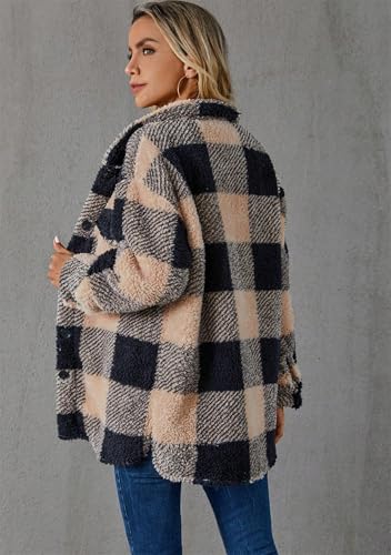 OMZIN Womens Soft Shirt Coat Fuzzy Casual Lapel Cardigan Plaid Flannel Loose Fit Multicolor Shirts3