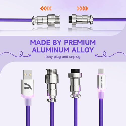 Image of ATTACK SHARK C01 ULTRA Coiled USB C Cable Double Sleeved with RGB Light Plug,Detachable Metal Aviator,USB-C to USB-A Mechanical Gaming Keyboard Cable for Win Mac PS4 Xbox Switch Printer Tablet(Purple)