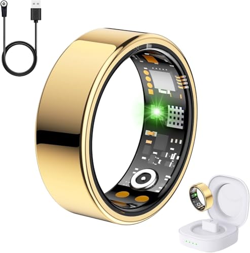 Health Tracker Ring, Smart Health Ring for Women Men with Heart Rate, Blood Oxygen, Sleep Monitor, Steps,Calories, No Subscription Fee, IP68 Waterproof Smart Ring for iPhone & Android (Gold, 9#) by KNGAD - Used condition - US$42.63