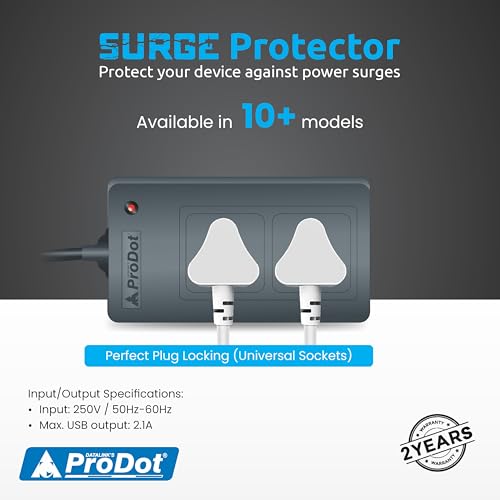 Image of ProDot Power Spike Guard, Strip Surge Protector with Master Switch and 2 Outlets, Heavy Duty Extension Cord for Home, Office, Travel & Phone Charging Bricks (1.5 Meter)