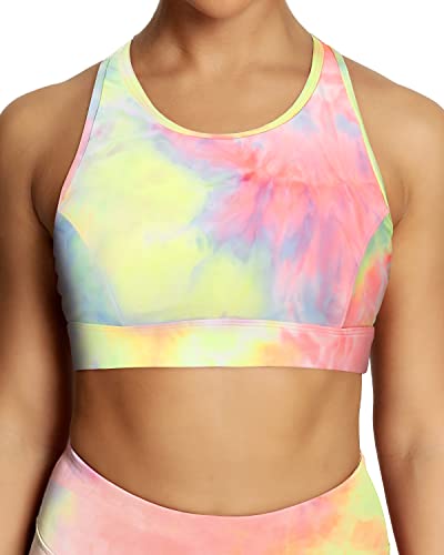 QUEENIEKE Women's Medium Support Back Pocket Energy Sport Bra Cotton Feel Size M Color Pink & Yellow Tie-dye - Image 3