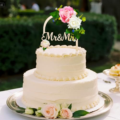 Mr & Mrs Handcrafted Wooden Wedding Cake Topper with Floral