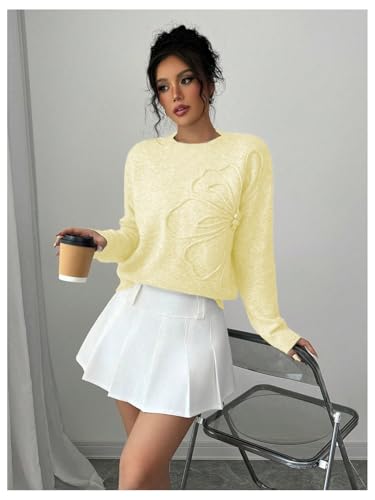 Image of Verdusa Women's Spring 3D Flower Appliques Crewneck Sweaters Long Sleeve Drop Shoulder Pullovers Knit Going Out Tops