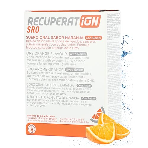 Suero Oral en Polvo con Reishi y Prebiótico para Gastroenteritis y Vómitos Rehidratación Oral Niños y Adultos Sabor Naranja Sin Gluten Ni Lactosa Pack 4 Sobres Apto Veganos | RECUPERATION