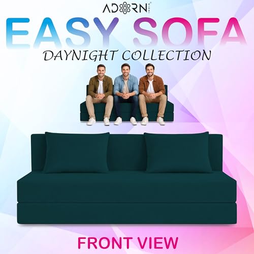 Image of Adorn India Easy 3 Seater Sofa Cum Bed | Velvet Fabric | Ocean Blue | Plain Design | 6x5 Ft | Comfortable Seating | Washable Cover | Perfect for Home & Office