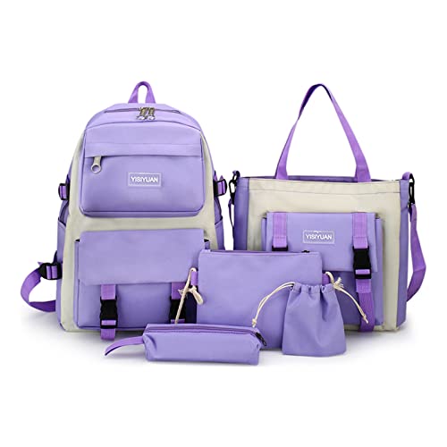 Ergocar Moda 5 en 1 Mochilas Escolar Adolescente con Bolso de Mano, Estuche para Lápices, Monedero, Mochilas para Instituto Chicas, Mochilas para el Colegio Niñas Niños Jóvenes, Morado