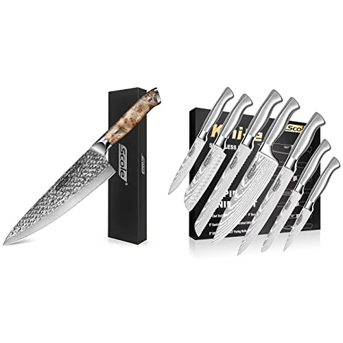 Scole® Chef Knife Bundle - Razor Sharp Chefs Knife 8 Inch Vg-10 Super Damascus Steel (Premium White Shadow Wood Handle) + Ultra Sharp Kitchen Knife Set 7-Piece (Hollow Handle) (2 Items Bundle) #TOP8