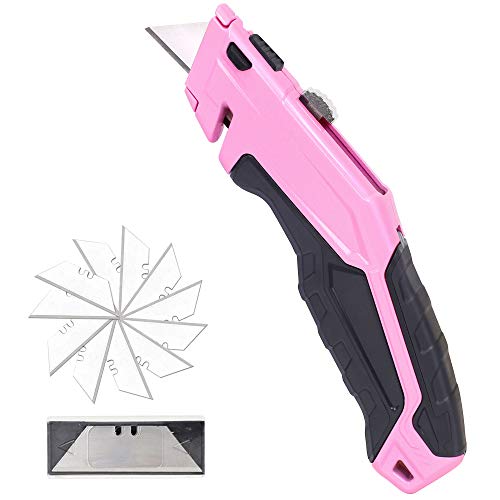 TOPLINE Pink Retractable Utility Knife, Retractable Pink Box Cutter with Quick Change Mechanism, Blade Storage Design, 14-Piece SK5 Blades and a Dispenser Included (1-Pack Retractable Knife)
