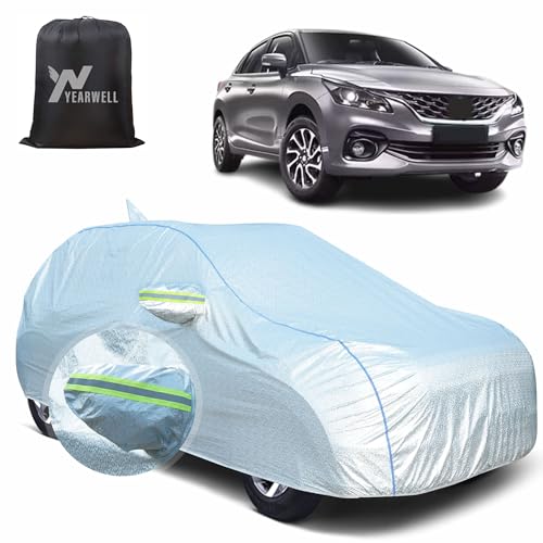 Image of Car Body Cover for Maruti Baleno (2022 to 2025), 100% Waterproof, Heat-Resistant with Mirror & Antenna Pockets, Soft Cotton Lining, Triple Stitched, Piping & Reflector (Reflective Silver)